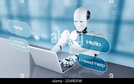 KI-Roboter mit Computer, um mit Kunden zu chatten. Konzept von Chat bot Service bietet Hilfe und intelligente Informationen in sozialen Medien und E-Commerce Stockfoto