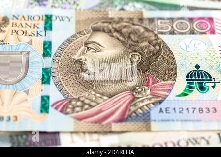 Makrofoto der Vorderseite einer seltenen polnischen Banknote mit 500 Zloty, Nahaufnahme des Porträts von Jan III Sobieski. Stockfoto