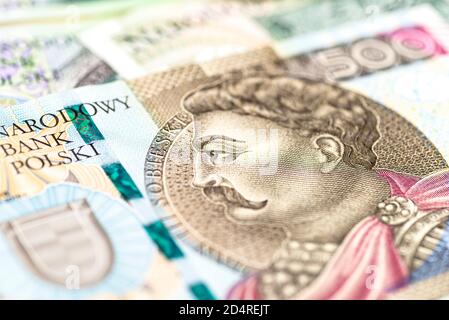 Makrofoto der Vorderseite der seltenen polnischen Banknote mit 500 Zloty, Nahaufnahme des Profils von Jan III Sobieski. Stockfoto
