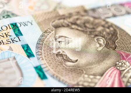 Makrofoto der Vorderseite der seltenen polnischen Banknote mit 500 Zloty, Nahaufnahme des Profils von Jan III Sobieski. Stockfoto
