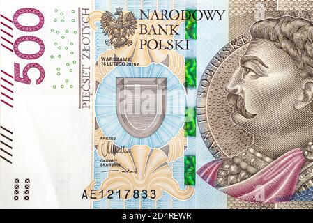 Makrofoto der Vorderseite der seltenen polnischen Banknote mit 500 Zloty, Nahaufnahme des Profils von Jan III Sobieski. Stockfoto