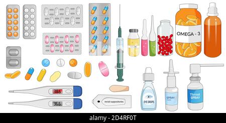 Große Reihe von Pillen, Tabletten, Kapseln und andere medizinische Medikamente Vektor Illustration. Stock Vektor