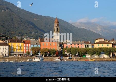 Am Ufer des Kurortes Ascona, Tessin, am Ufer des Lago Maggiore mit dem Glockenturm der Pfarrkirche SS. Piedro und Paolo, und t Stockfoto