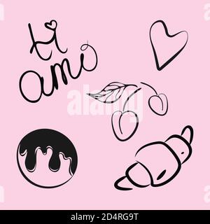 Set von dekorativen isolierten Elementen. Handgezeichnetes Design aus Eis, Kirsche, Herzen, Brioche, italienische Schrift Text Ti AMO, Ich liebe dich. Stock Vektor