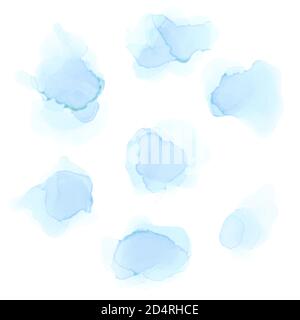 Wasserfarbe Blau Spritzer Set. Alkoholtinte. Abstrakter, Farbenfroher Hintergrund. Handbemalte Aquarelltextur Stock Vektor