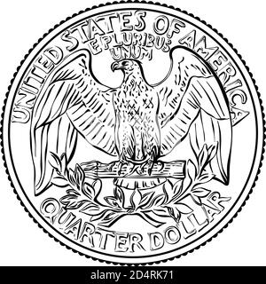 Amerikanisches Geld, Vereinigte Staaten Washington Vierteldollar oder 25-Cent-Silbermünze, der Nationalvogel der USA Weißkopfadler auf der Rückseite. Schwarzweiß-Bild Stock Vektor