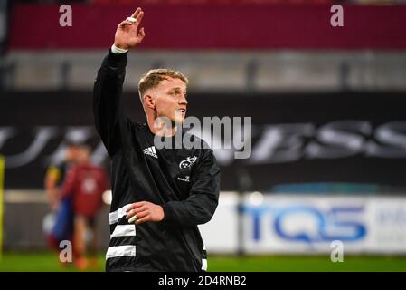 Limerick, Irland. Oktober 2020. Mike Haley von Münster während des Guinness PRO14 Rugby-Spiels zwischen Munster Rugby und Edinburgh Rugby im Thomond Park in Limerick, Irland am 10. Oktober 2020 (Foto von Andrew SURMA/SIPA USA) Kredit: SIPA USA/Alamy Live News Stockfoto