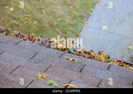 Schmutziges Dach mit Eisenrinne mit Herbstblättern, die gereinigt werden müssen Stockfoto