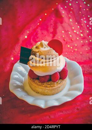 Zartes Gebäck Schale mit Gebäck Sahne, frisch Himbeeren, Baiser und mit Schokolade verziert. Fast zu schön zum Essen! Stockfoto