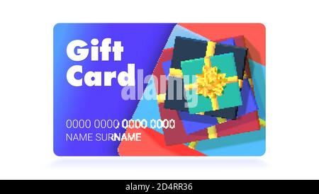 Design des Geschenkgutscheins. Stapel von Geschenkschachteln mit Goldschleife. Vektor-3d-Illustration. Stock Vektor