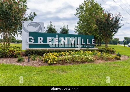 Greenville, NC / USA - 24. September 2020: Greenville North Carolina Schild Stockfoto