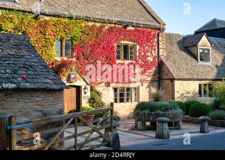 Parthenocissus tricuspidata. Boston Ivy / Japanese Creeper deckt die Schlachthöfe Country Inn im Herbst Sonnenlicht. Weniger Schlachten. Cotswolds, Großbritannien Stockfoto