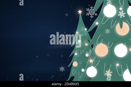 Frohe Weihnachten und Neujahr. Weihnachtsbäume, Bälle mit Schneeflocken, Licht, Sterne. Papierkunst und Handwerkskunst. Vektorgrafik Stock Vektor