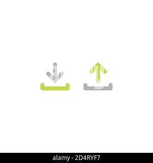 Pfeilschaltfläche eingestellt. Grüne und graue abgerundete Pfeile nach oben und unten. Flache Symbole isoliert auf weiß. Punkt Linie Taste. Upload-Symbol. Upgrade, Download, Freigabe Stock Vektor