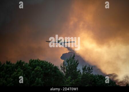 (201011) -- PEKING, 11. Oktober 2020 (Xinhua) -- EIN Löschflugzeug versucht, am 9. Oktober 2020 einen Waldbrand in der Nähe der nordisraelischen Stadt Nof Hagalil zu löschen. (Gil Eliyahu/JINI über Xinhua) Stockfoto