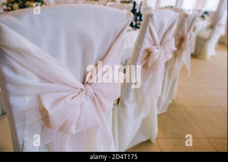 Reihe von schönen Stühlen mit Stoff und Schleifen von zartrosa Farbe in der Hochzeitshalle dekoriert. Stockfoto