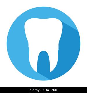 Flaches Zahnsymbol isoliert im blauen Kreis und auf weißem Hintergrund. Vektorgrafik Zahn. Symbol Zahnmedizin. Stomatologie . Stock Vektor