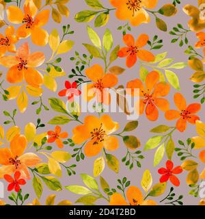 Orange kleine Blumen Aquarell Illustration für die Gestaltung von Textilien. Nahtloses Muster für Textil Stockfoto