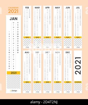 Wandkalender 2021. Jahresplaner mit allen Monaten. Schulplan und Firmenplan. Stock Vektor