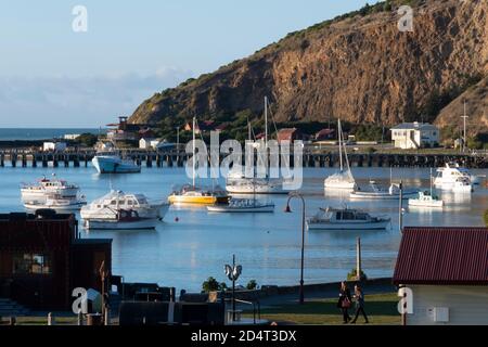 Boote im Hafen von Oamaru, Otago, Südinsel, Neuseeland Stockfoto