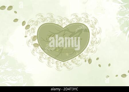 Grünes Herz mit Blatt für Hochzeit Einladungskarte Hintergrund. Stock Vektor