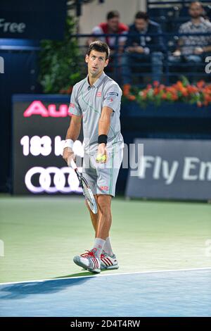 DUBAI, VAE, 27. Februar 2014. Novak Djokovic ist gegen Roger Federer im Halbfinale der Dubai Duty Free Tennis Championships im Einsatz. Federer gewann 3-6 Stockfoto