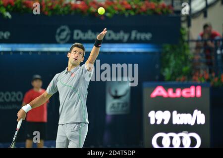 DUBAI, VAE, 27. Februar 2014. Novak Djokovic ist gegen Roger Federer im Halbfinale der Dubai Duty Free Tennis Championships im Einsatz. Federer gewann 3-6 Stockfoto