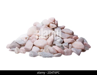 Haufen von verschiedenen Kieselsteinen auf weißem Hintergrund. Stockfoto