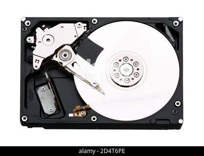 Öffnen Sie die Festplatte isoliert auf weißem Hintergrund. Stockfoto