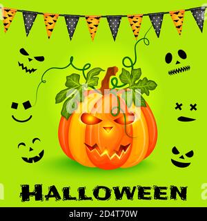 Happy halloween Hintergrund mit Kürbis, Gesichter und Fahnen Girlande. Vektorgrafik Stock Vektor