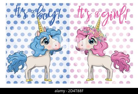 Baby Dusche Grußkarte mit niedlichen Cartoon Einhorn Mädchen und Junge Stock Vektor