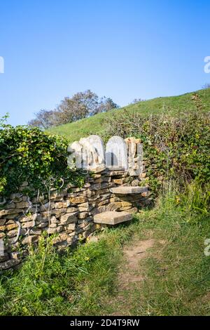 Typischer öffentlicher Wanderweg in einer Trockenmauer am South-West Coast Path an der Jurassic Coast bei Abbotsbury, Dorset, Südwestengland Stockfoto