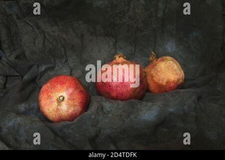 Stillleben mit drei Granatäpfeln aus biologischem Anbau, auf dunklem Stoffhintergrund. Stockfoto