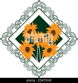 Bunte Illustration von Sonnenblumen Bouquet in grünen Raute ornamentierten Rahmen Stock Vektor