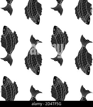 Schwarz-Weiß Nahtloses Muster mit Fischen, im asiatischen Stil gezeichnet Stock Vektor