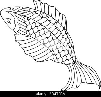 Flache Linie Kunst Skizze Illustration von Fischen im asiatischen Stil Stock Vektor