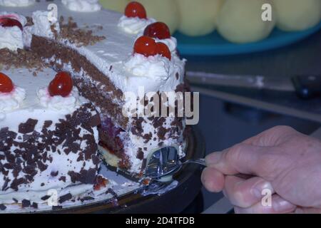 Schwarze Waldkuchen mit Schlagsahne und dunkler Schokolade verziert Pommes und rote Süßkirschen Stockfoto