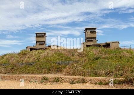 Die Türme von Landguard Fort, Felixstowe, Suffolk, Großbritannien. Die Festung wurde entworfen, um den Eingang zum Hafen von Harwich zu bewachen. Stockfoto