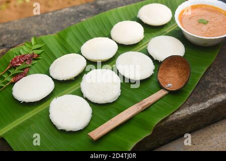 Indische untätig serviert auf traditionelle vegetarische Speisen. Viele frisch gedünstete Indianer tatenlos, Idli Reiskuchen. Südindisches Frühstück sambar Sambhar Stockfoto