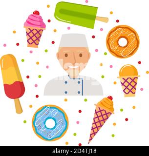 Eine Waffelbecher mit einer Kugel Erdbeer-Eis.der Donut glasiert mit Fondant und Streuseln.der Konditor den Charakter. Stock Vektor