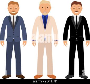 Geschäftsleute in Jacken und Hosen und Stiefel ein Bart und Schnurrbärte.Blonde ein leichter Anzug, brünett in schwarz, und in einer Krawatte rot.in flachen Vektor. Stock Vektor