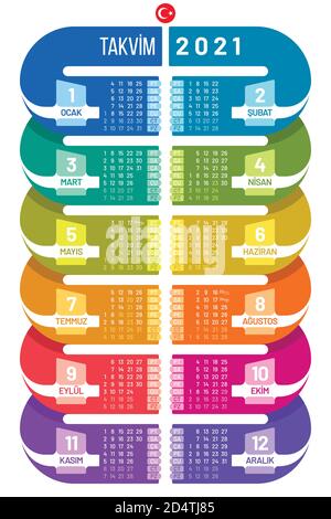 Bunte Poster Kalender 2021 Vorlage in Infografik. Vertikales Kalender-Vektor-Design für die Türkei. Stock Vektor