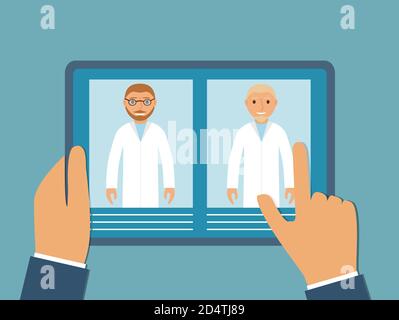 Medizinische Versorgung auf dem Tablet. Im flachen Stil ein Vektor. Diagnose im Gesundheitswesen. Stock Vektor