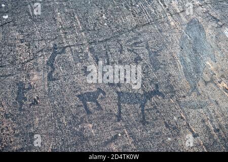 Petroglyphen des Weißen Meeres (alte Felsmalereien) in Zalavruga, 4,5 Jahre v. Chr. Belomorsk, Karelien, Russland Stockfoto