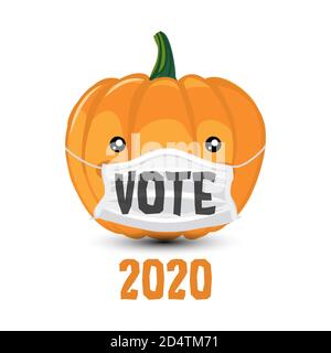 Abstimmung 2020 - Vektor-Illustration mit niedlichen Kürbis tragen Gesichtsmaske. Handgezeichneter Schriftzug Zitat. Kawaii Stil orange Kürbis Cartoon. Go vote 2020 tex Stock Vektor