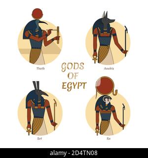 Illustration der Götter und Symbole des alten Ägypten isoliert vor dem Hintergrund des Skarabäus. Ägyptische Götter Thoth, Anubis, Ra und Set. Stock Vektor