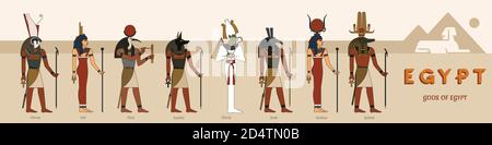 Eine große Sammlung altägyptischer Götter aus acht Vektoren Illustrationen vor der Kulisse der ägyptischen Pyramiden und der Statue der Sphinx Stock Vektor
