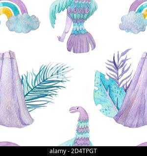 Kinder-Illustration für die Oberflächengestaltung. Aquarell handbemalt niedlichen Dinosaurier und tropischen Blättern. Stockfoto