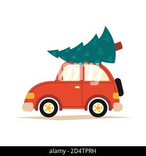Vektor-Illustration eines roten Autos mit einem Weihnachtsbaum Auf dem Dach auf einem weißen isolierten Hintergrund Stock Vektor