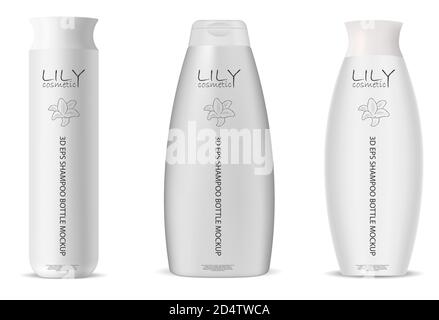 Kosmetische Shampoo-Flaschen. Zylinder und ovale Form Weiße Kosmetik-Verpackung isoliert auf dem Hintergrund. 3d-Vektormockup. Stock Vektor